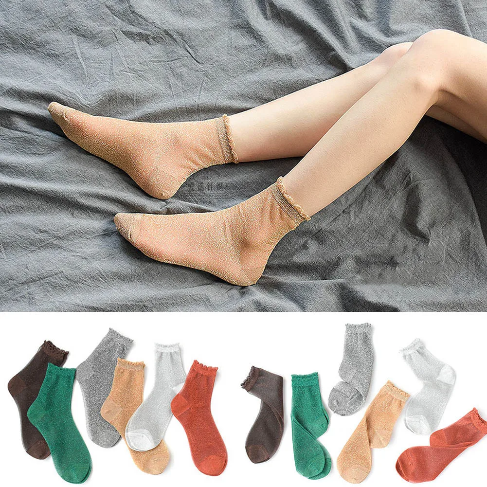 1Pair Thin Socks Fashion Glitter Ankles Socks Coffee Grey Free Size