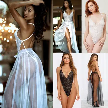 

2 Styles Women Lace Sheer Lingerie V Neck See-through Mesh Bodysuit Sleepwear Babydoll Nightwear