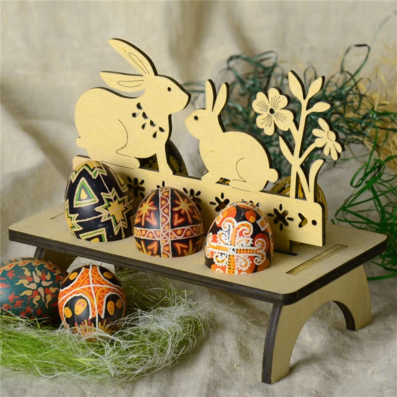 

New Easter Egg Tray Wooden Rabbit Chick Easter Egg Rack Easter Decoration For Home Shop Windows Ornament Handmade Easter Decor B