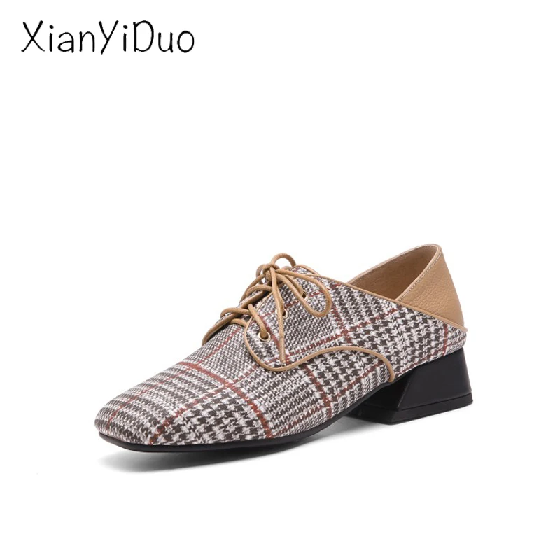 

xianyiduo 2019 new Spring Women's Shoes Square Toe Middle Heel Pumps block plus size 34-48 /V268