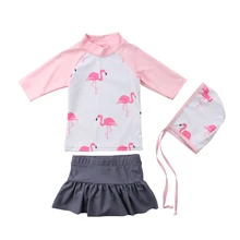 Детский купальник для девочек, летний купальный костюм с фламинго, юбка-пачка, купальный костюм, комплект из двух предметов, Пляжная шапка с длинными рукавами