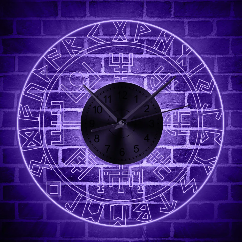 Billig Viking Runes LED Wanduhren Vintage Kunst Wand Uhren Mann Cave Transparent Acryl Luminous Wanduhr Decor Für Pub