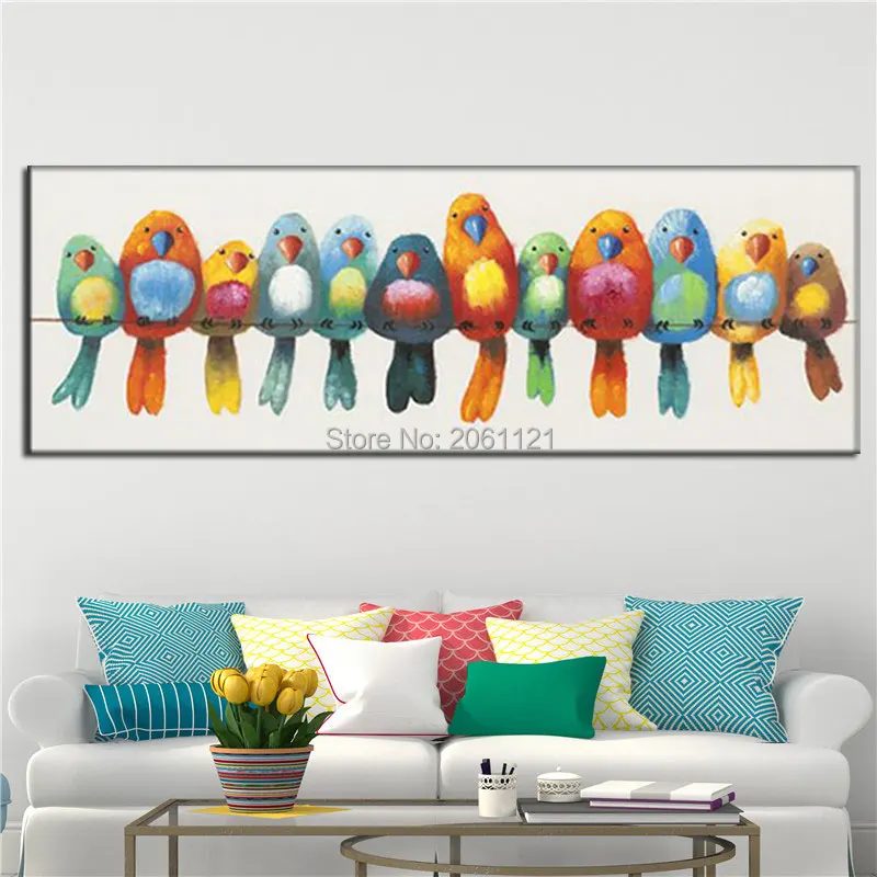 

hand painted funny bird oil painting orange blue colorful birds wall pictures large long canvas painting for living room decor