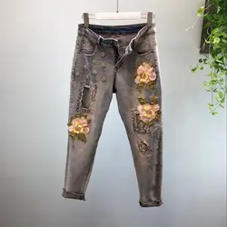 2019 Для женщин вышивкой с цветами и бусинами повседневные джинсы-карандаши мода весна с высокой талией джинсовые штаны Винтаж брюки