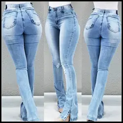 Женская Мода Новый Повседневное тонкий эластичный деним Высокая талия джинсы негабаритных Длинные узкие брюки светло-голубые брюки для