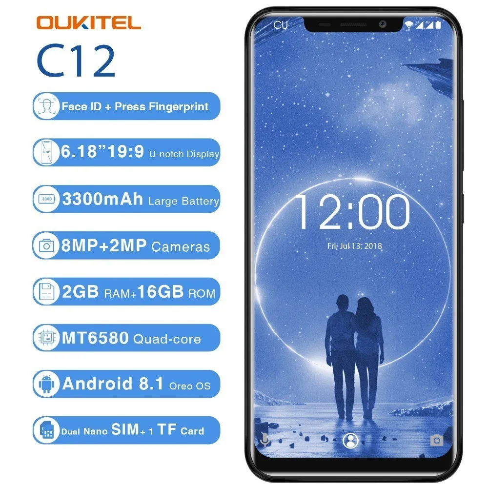 

Oukitel C12 2GB 16GB Cell Phone 6.18" 19:9 Face Id Mtk6580 Quad Core Android 8.1 8MP+2MP Fingerprint 3300mah Unlock Smartphone