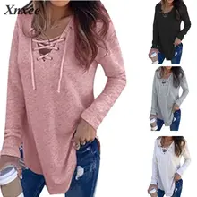 2019 Fashion Women Long Sleeve T-shirts Autumn Winter Sexy Deep V Neck Bandage Shirts Women Lace Up Tops Tees Clothes sexy deep v neck lace up front casual t shirts in fuchsia