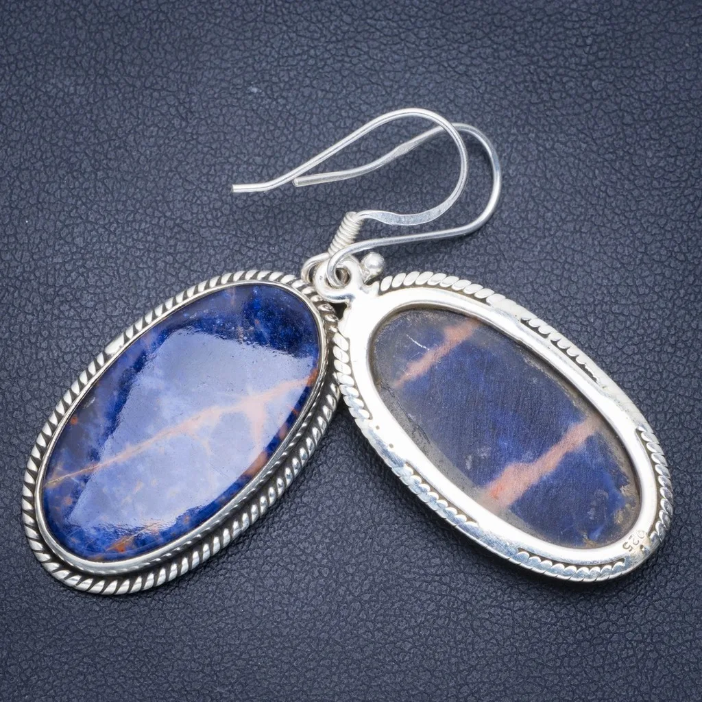 

Natural Orange Sodalite Handmade Unique 925 Sterling Silver Earrings 2" A0872
