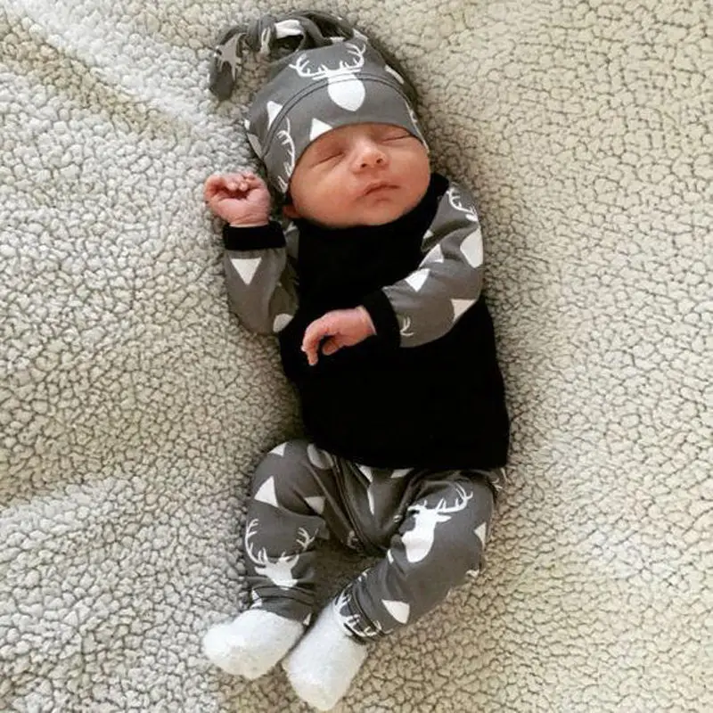 

2 pieces Long sleeve T-shirt deer Print Pant Hat Set For Baby Boy Winter Autumn Spring Clothes Set