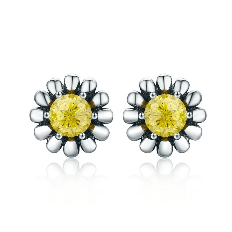 

100% Genuine 925 Sterling Silver Yellow Daisy Flower Clear Cz Stud Earrings For Women Fine Silver Jewelry Gift Sce255
