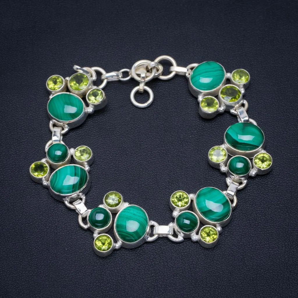 

Natural Malachite and Peridot Handmade Unique 925 Sterling Silver Bracelet 7-8" A2820