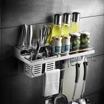 

Stainless Steel Kitchen Storage Rack, Kitchen Shelf, with Hooks Cups Multi Function Spice Holder Wall Mounted Kitchen Organizer