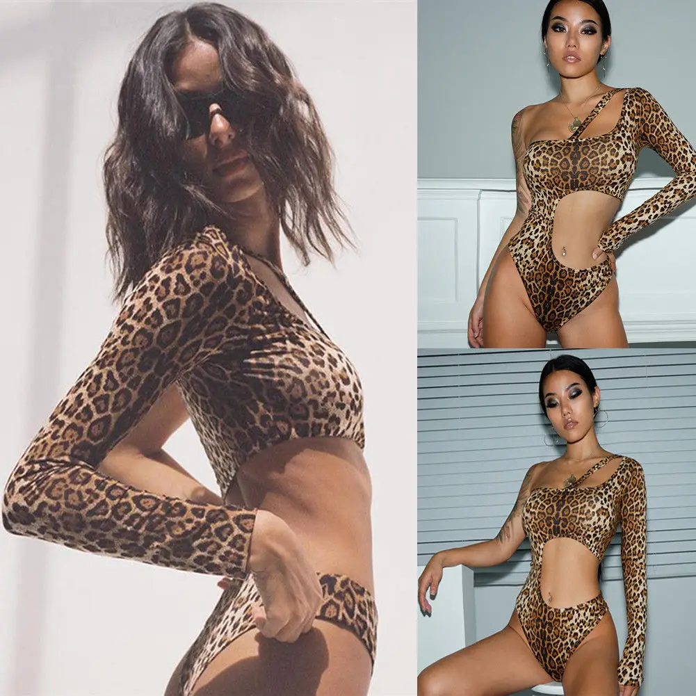 

Sexy Women Ladies Long Sleeve One Shoulder Stretch Leopard Print Backless Bodysuit Leotard Irregular Tops