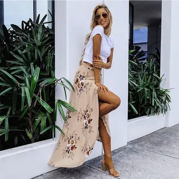 

2018 New Summer Hot Women Stretch High Waist Floral Long Skirt Maxi Pleated Beach Casual Boho Polyester Floor-length Skirt
