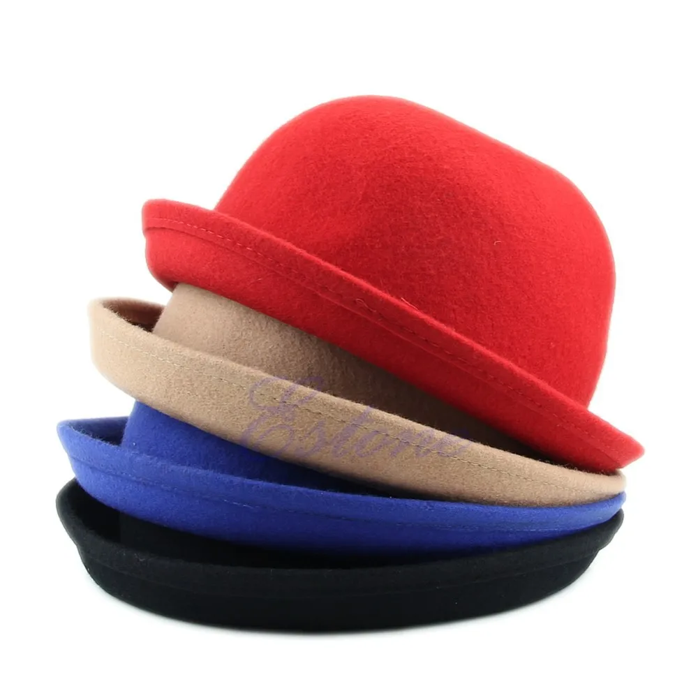 Мода новая горячая винтажная Женская милая трендовая шерстяная фетровая шляпа Боулер Дерби шапка зимняя теплая шапка одноцветная 4 цвета