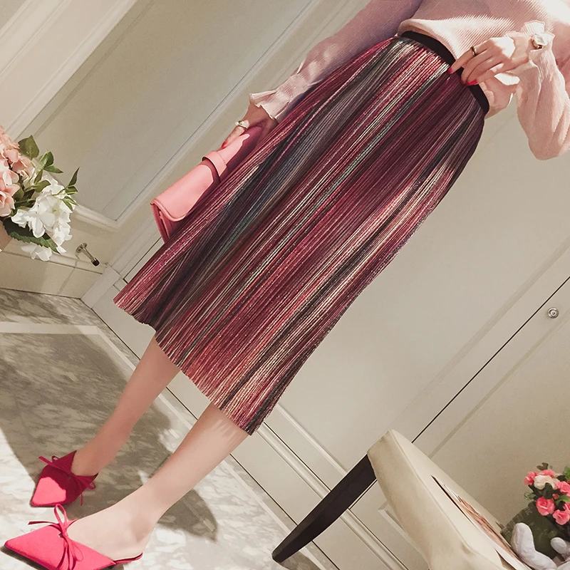 Женская Весенняя юбка трапециевидной формы с завышенной талией, плиссированная, в полоску, модная, до середины икры, повседневная, простая