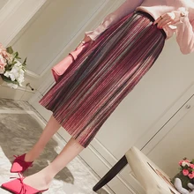 Женская Весенняя юбка трапециевидной формы с завышенной талией, плиссированная, в полоску, модная, до середины икры, повседневная, простая
