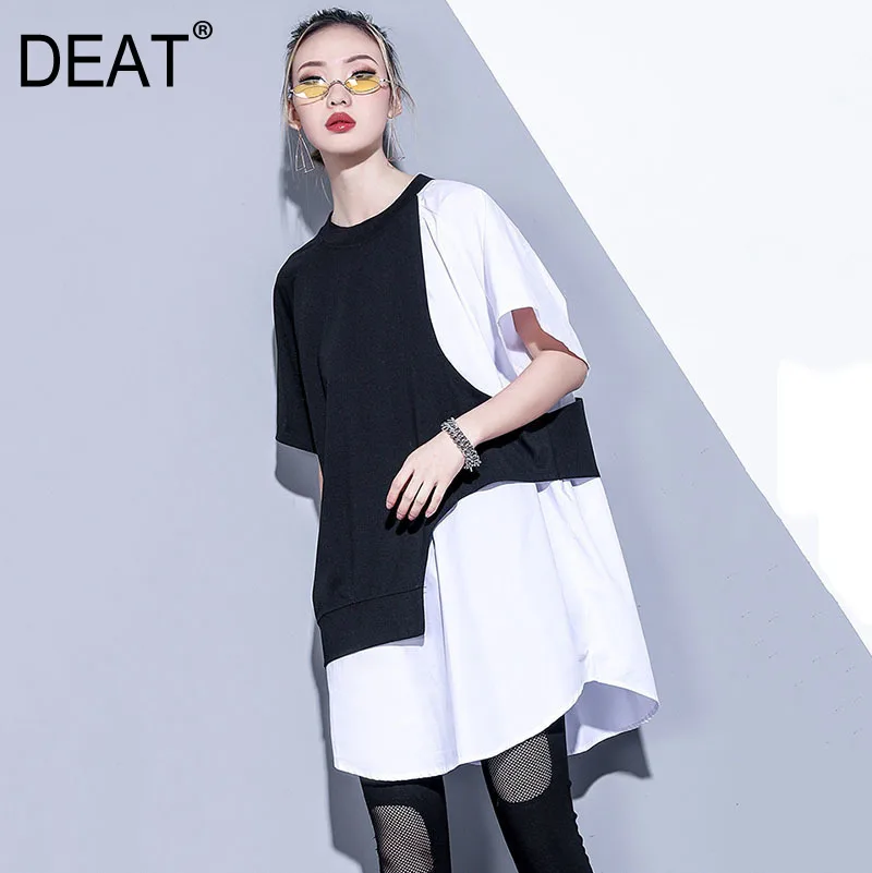 

[DEAT] 2019 New Autumn Winter Round Neck Half Sleeve It Color Personality Spliced Loose Big Size T-shirt Women Fashion Tide JR59