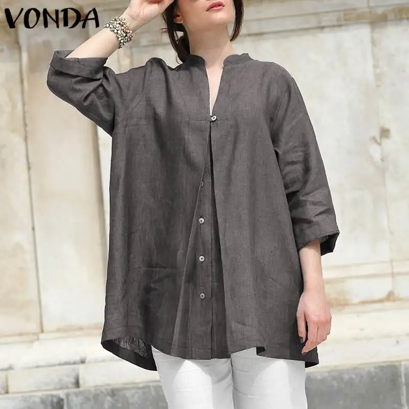 

VONDA Women Blouse Shirt 2019 Autumn Retro Buttons Long Sleeve V Neck Loose Tops Elegant Workwear Shirts Plus Size Blusas