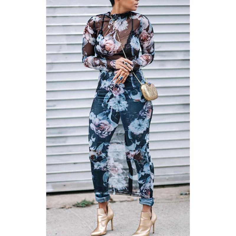 

Women Summer Boho Bodycon Cover Up Floral Long Midi Dress Ladies Sexy O Neck Long Sleeve Evening Beach see through Sundress