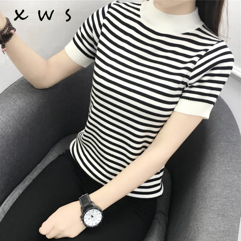 summer sweater black white stripe short sleeve thin Sweater Women Casual basic Knit Pullovers slim female Cashmere 2019 | Женская одежда