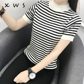 

summer sweater black white stripe short sleeve thin Sweater Women Casual basic Knit Pullovers slim female Cashmere sweater 2019
