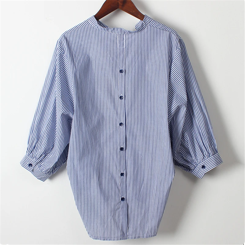 

2019 Korean Women Elegant Tops And Blouses Ladies Striped Stand Collar Shirt Casual Batwing Sleeve Oversized Blusas Mujer