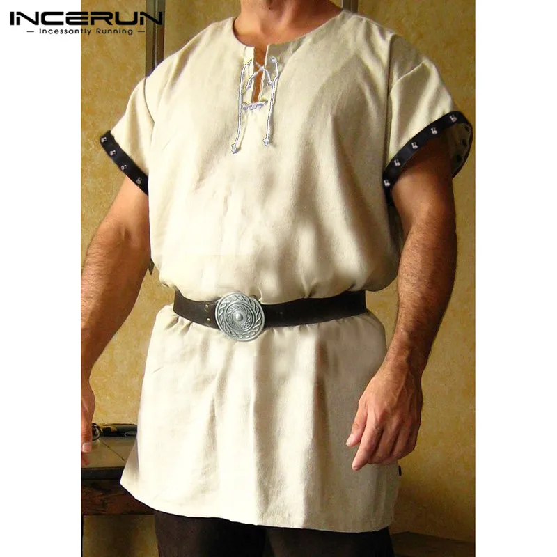 

Medieval Men Viking Knight Shirt Short Sleeve Leather Trims Warrior Pirate Tops Clothing Men Stage Costumes 2019 Cosplay Costume