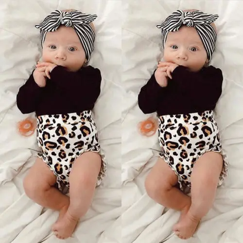 US Toddler Kids Baby Girl Infant Clothes Romper Tops Leopard Print Pants Outfits 2