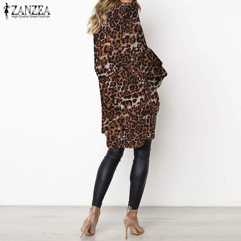 غير المتكافئة قمم المرأة مثير ليوبارد طباعة بلوزة الأزياء فانوس كم قميص الإناث عارضة Blusas ZANZEA الصيف تونك قمم