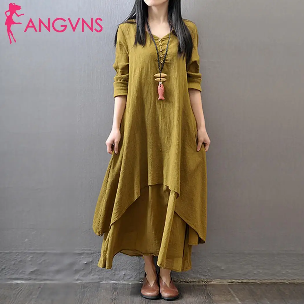 

Button Regular Solid Pullover Autumn Dress Flax Ankle V Casual Loose Long Women Neck Sleeve Fashion Length