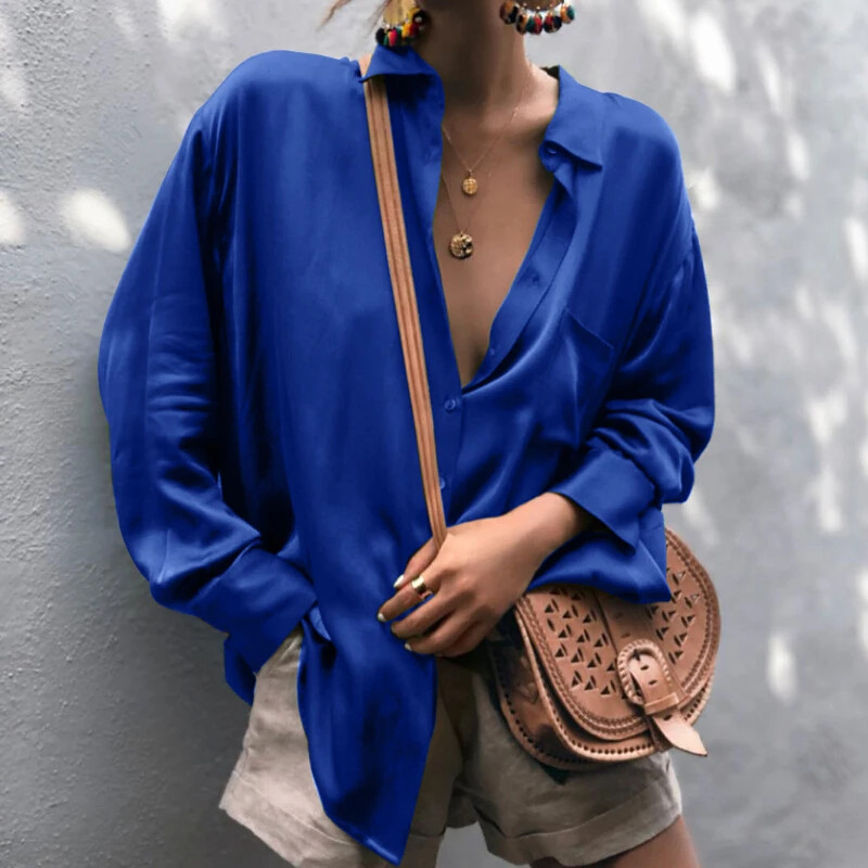 

2019 Spring Autumn Pullover Top Women Long Sleeve V Neck Blouse Tops Female Silk Blouse and Shirt Casual Tee Tops