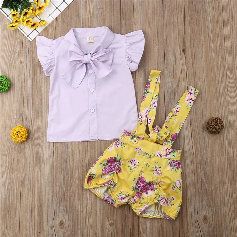 6 M-4 T طفل طفل طفل الفتيات Bowknot يطير كم قمم الأزهار السراويل وزرة تتسابق ملابس الصيف لطيف فتاة الملابس