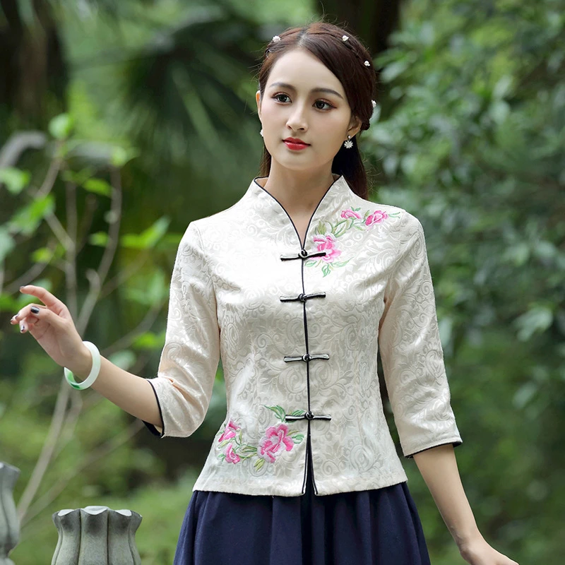 Ropa tradicional China para mujer, camisa China, Tops de estilo chino,  chaqueta Jacquard de algodón, estampado Vertical, Tops Cheongsam|Parte  alta| - AliExpress