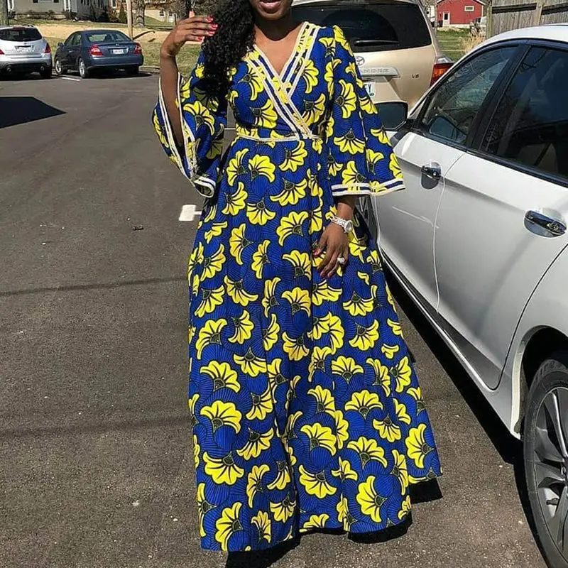

Floral Print Elegant Long Dress Women Spring Flare Sleeve Blue Robe Vintage Fashion A Line High Waist Casual Party Maxi Dresses