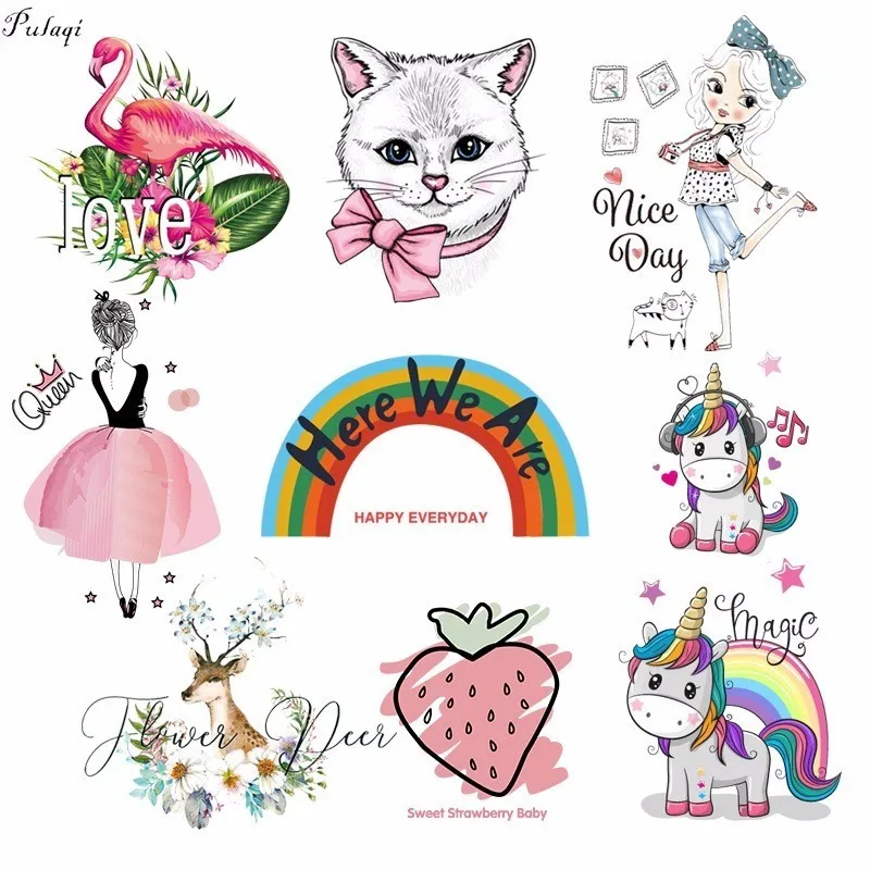 

Pulaqi Iron On Transfers Cute Cat Rainbow Unicorn Patches Anime Flamingo Heat Thermal Transfer For Woman Kid Clothes DIY Decor F