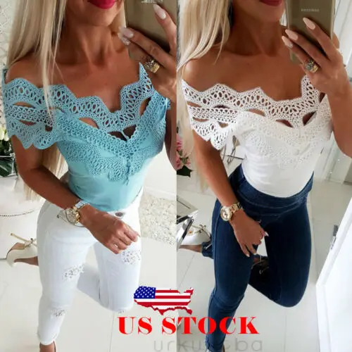 

US Women's See through Lace Hollow Out Off Shoulder Skinny Shirt Blue White Shirt
