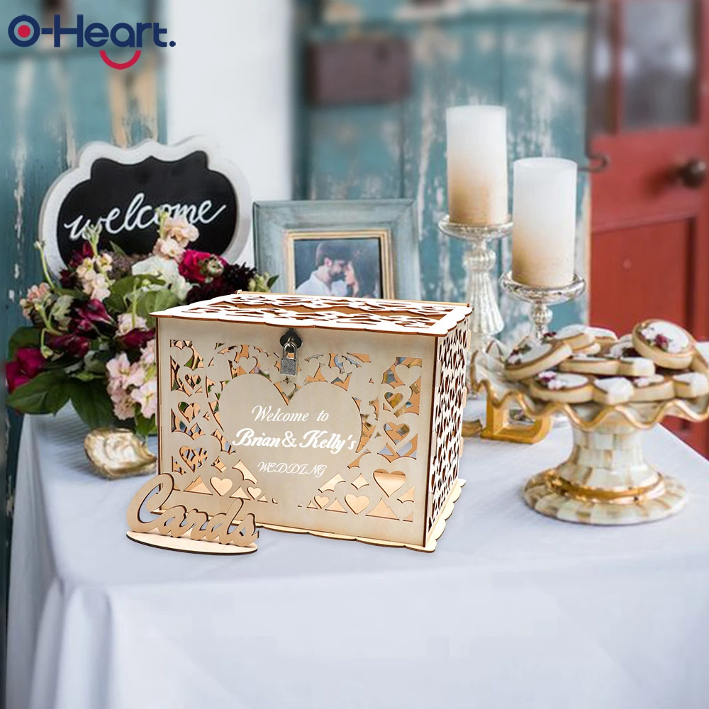  OHEART DIY Wedding Invitation Card Box With Lock Wooden Rustic Money Box Wedding Box valentines day - 33018119219