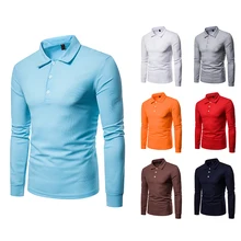 Ограниченная серия, Мужская однотонная Повседневная рубашка поло из чистого хлопка с длинным рукавом и отворотом