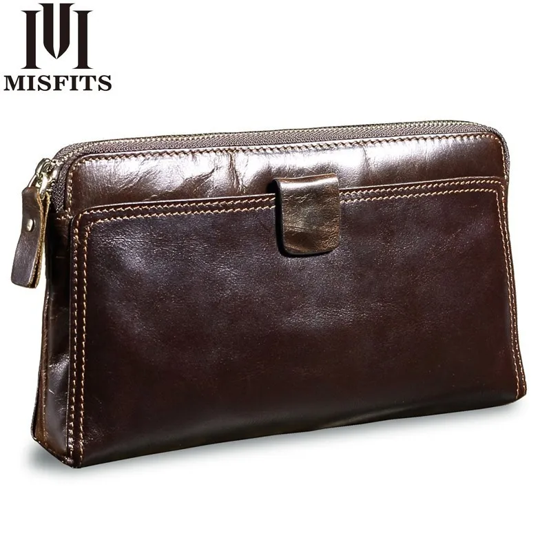 

MISFITS Men Clutch wallet Genuine Leather Man Zipper Organizer Wallet High Capacity Long Purse Male Multi Function Phone Wallet