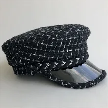 Новая Стильная черная и белая полосатая твидовая Военная женская шапка без каблука вязанная зимняя шапка женская Повседневная берет кепки
