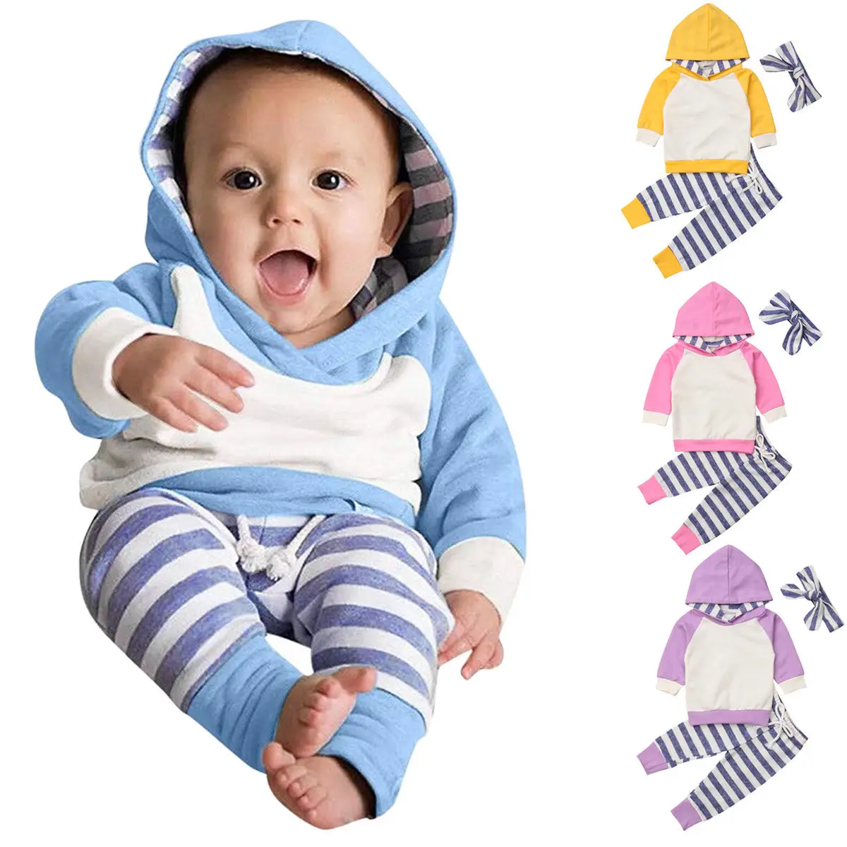 Cute Warm 3Pcs Newborn Baby Girls Boys Hoodies Patchwork Tops+Striped