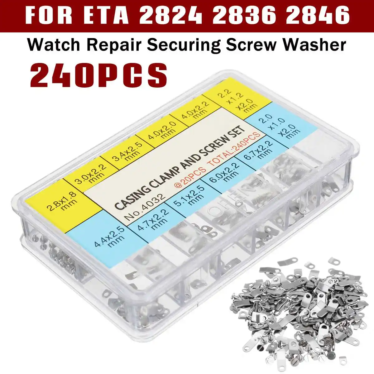 

240Pcs Watch Casing Clamp Movement Adapter Securing Screw Washer Repair Part Tools w/Box for ETA 2824 2836 2846