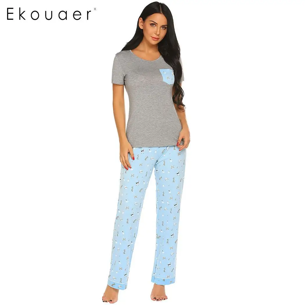 Ekouaer женский пижамный комплект, Повседневная Мягкая Пижама с передним карманом и круглым вырезом, топы с коротким рукавом и длинная Пижама, пижамный комплект, домашняя одежда
