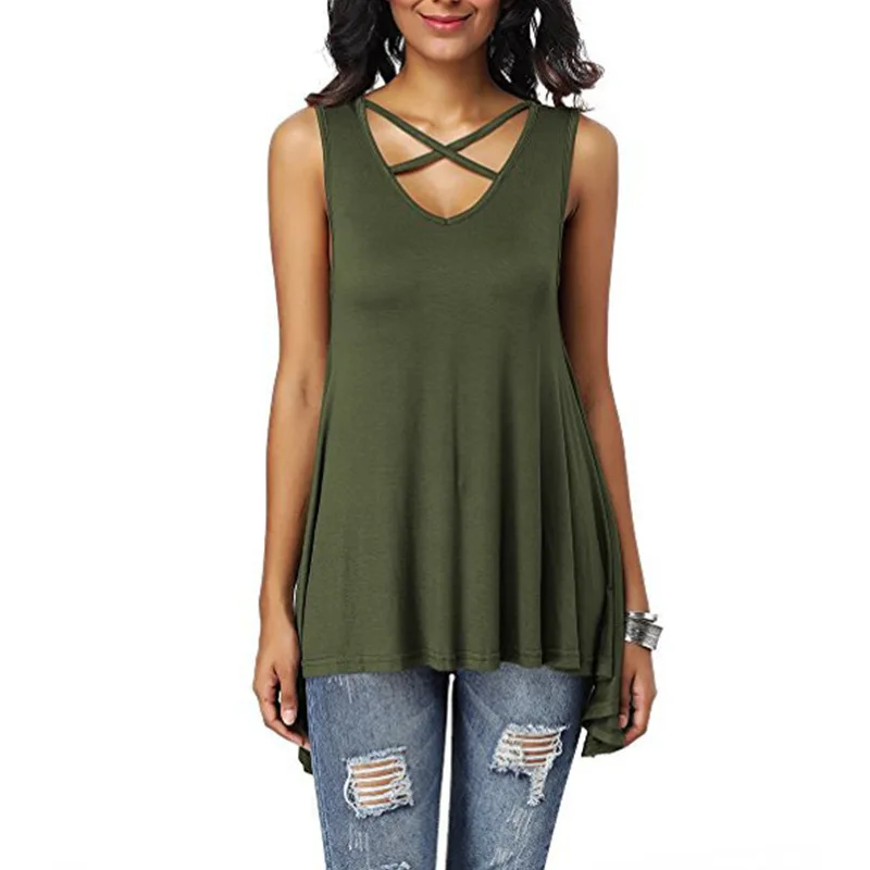 

2019 Women Casual Sleeveless Solid T Shirt Sexy V Neck Tops Tee Loose Irregular Hem Long Top Streetwear Female Camisas Mujer