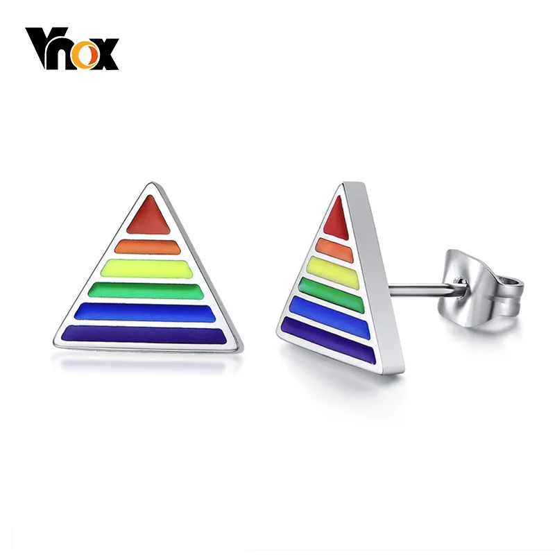 Vnox Triangle Rainbow Stud Earrings for Women Man Stainless Steel Accessories