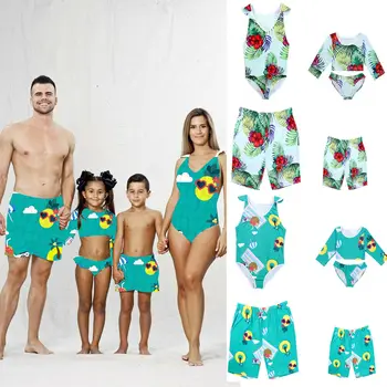 

2019 Family Pair Swimsuit Mother Father Girl Boy Hawaii Print Bikini Set Swimwear