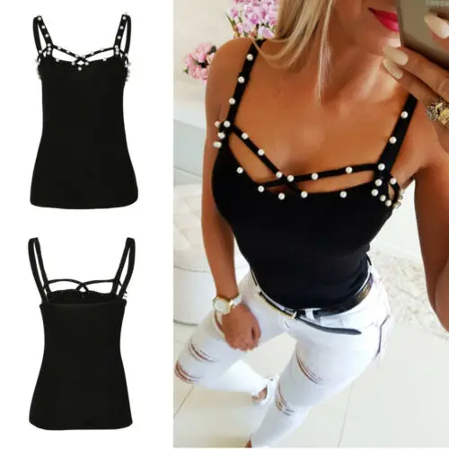 

New Women Ladies Solid Skinny Slim Sexy Summer Bead Sleeveless Vest Tops Casual Tank Tops