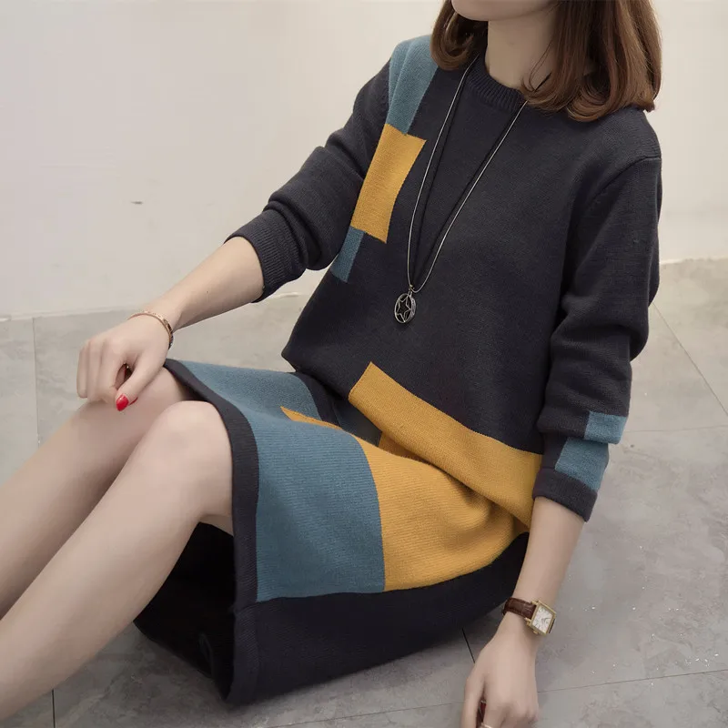 XL-4XL размера плюс женские свитера платья теплая зимняя одежда геометрические Лоскутные с длинным рукавом Свободные Повседневные вязаные платья