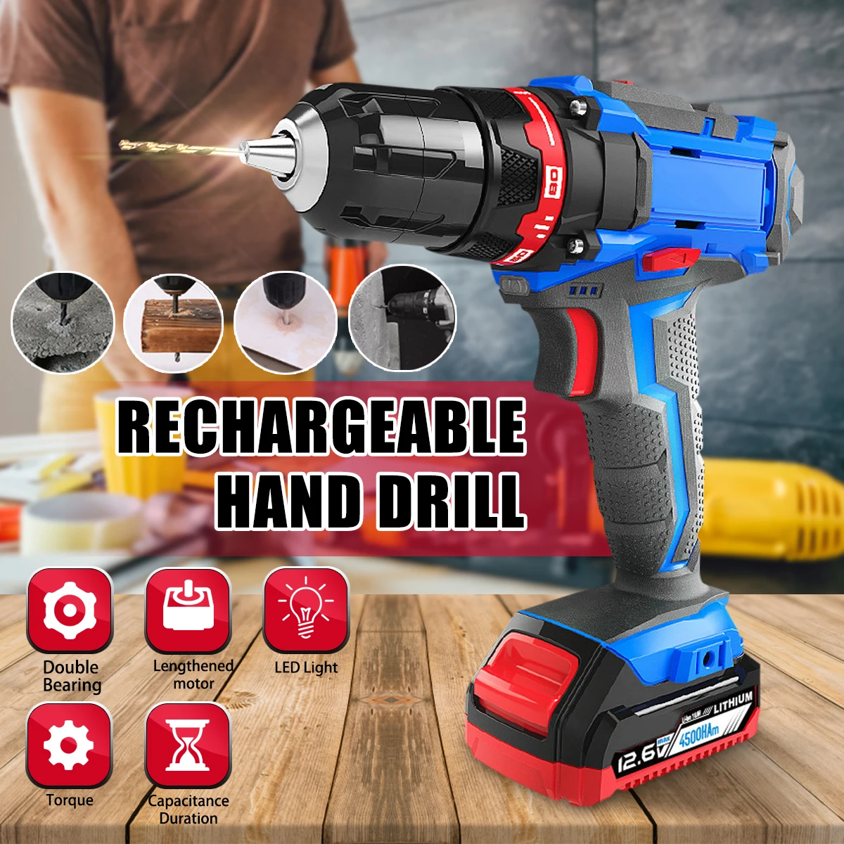 

21x20x5.5 cm Electric Drill Double Speed Lithium Cordless Drill Household Multi-function Electric Screwdriver Power Tools